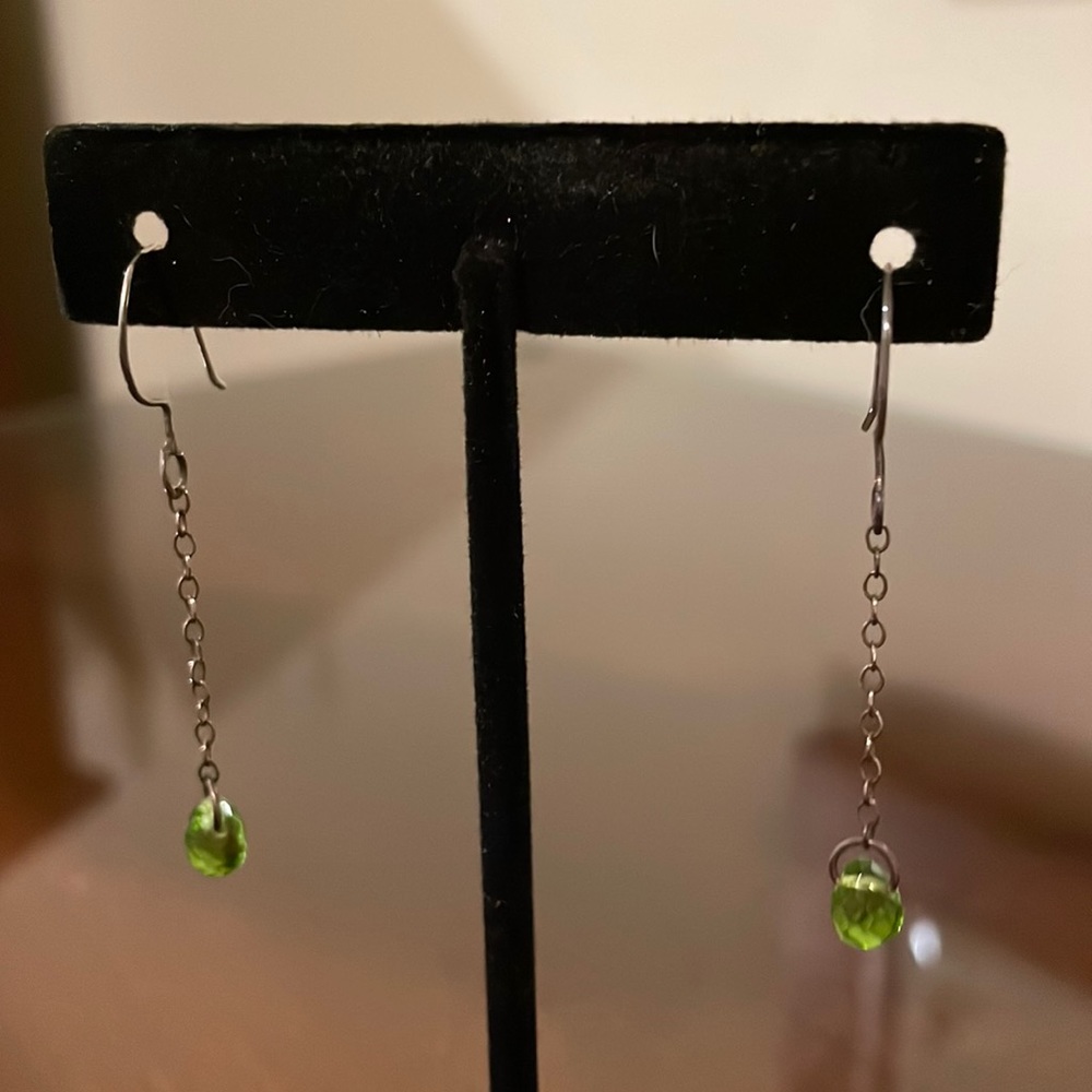Artist-made Silver-Tone Green Drop Earrings